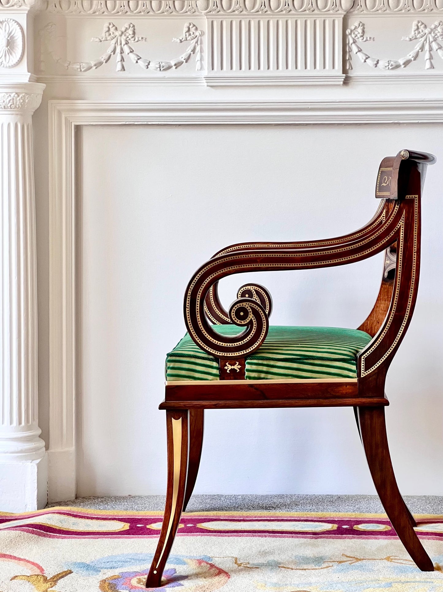 Large Regency Brass Inlaid Armchair, Attributed to George Oakley