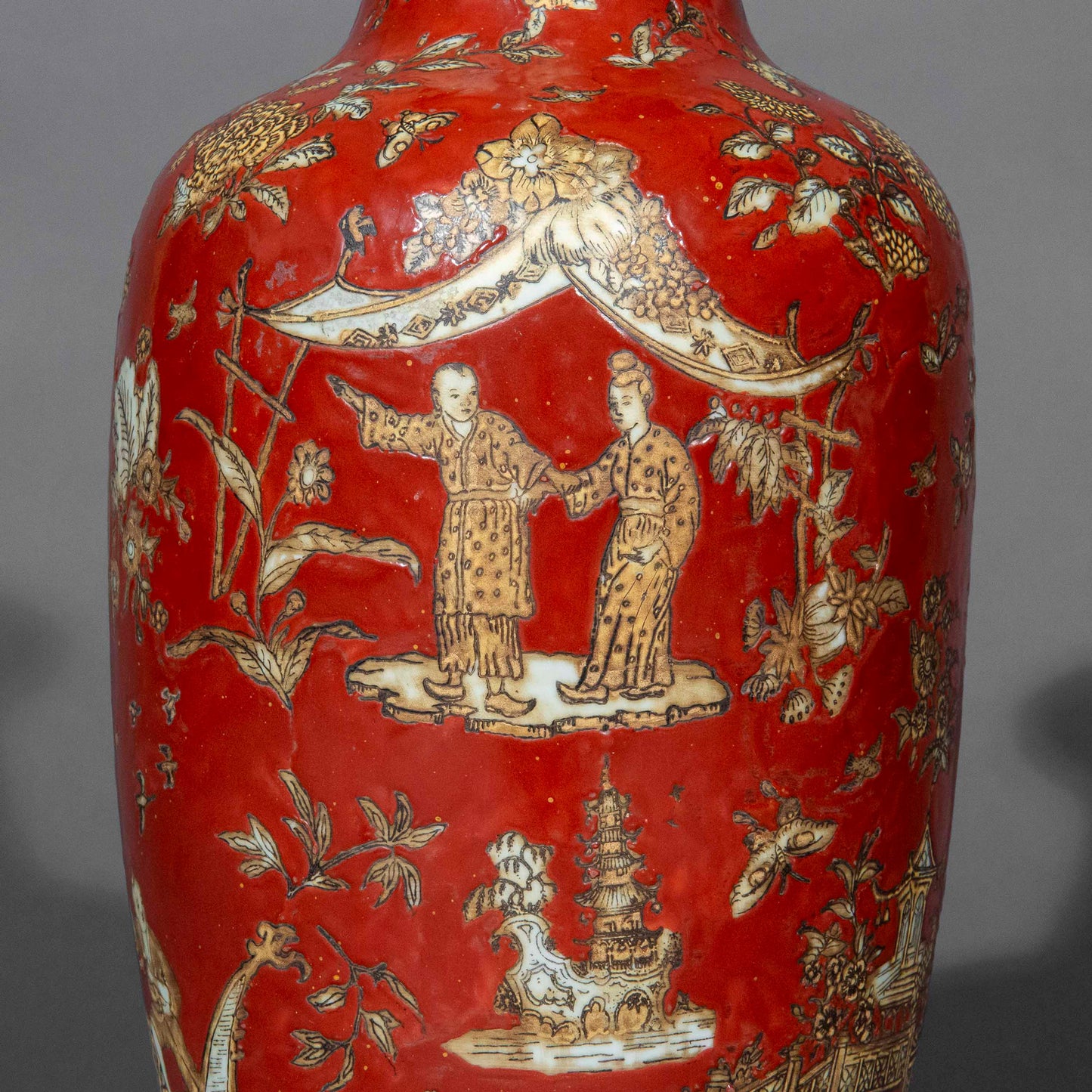 Antique Coral Red Chinoiserie Vase Lamp
