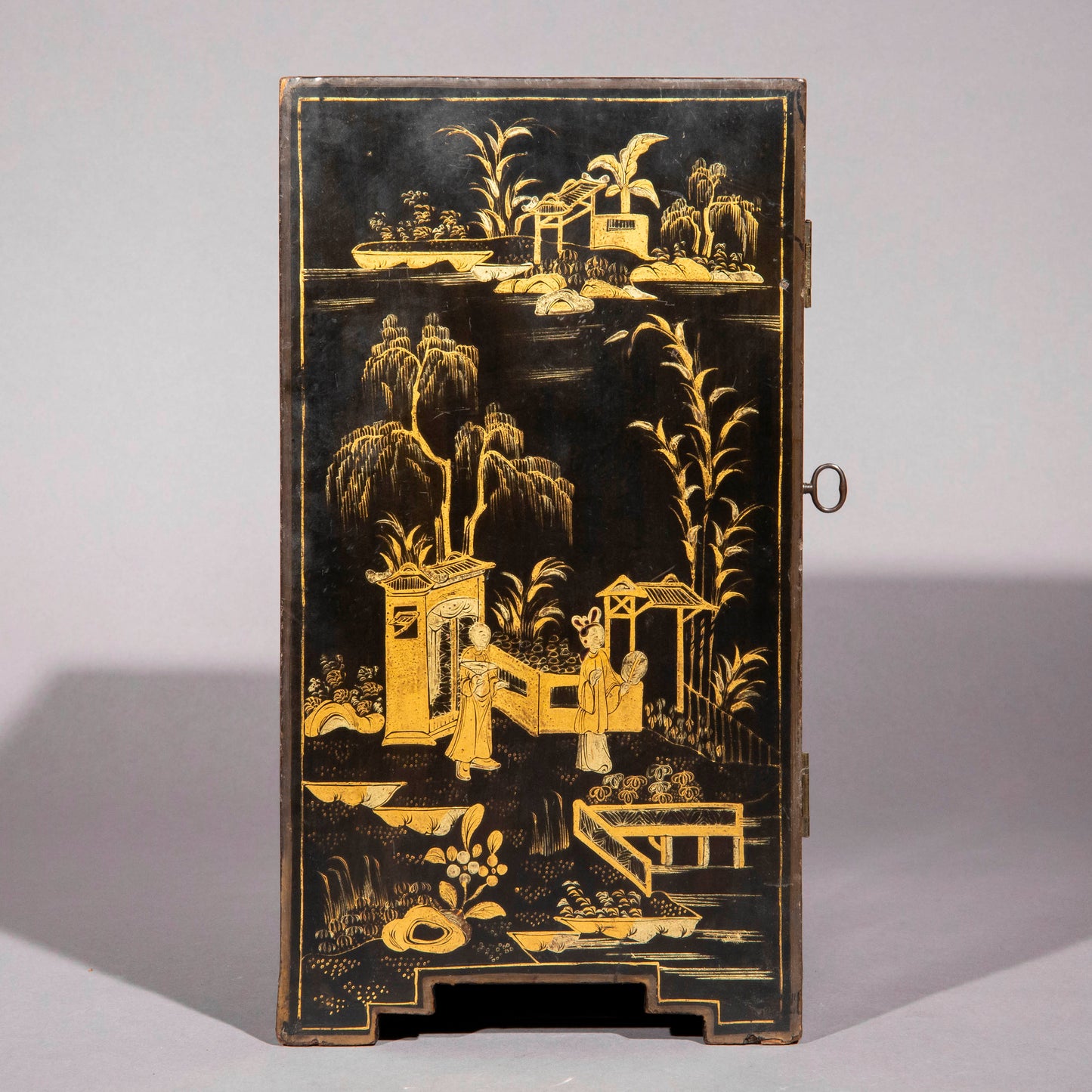 Antique Chinoiserie Black Lacquer Jewellery Cabinet