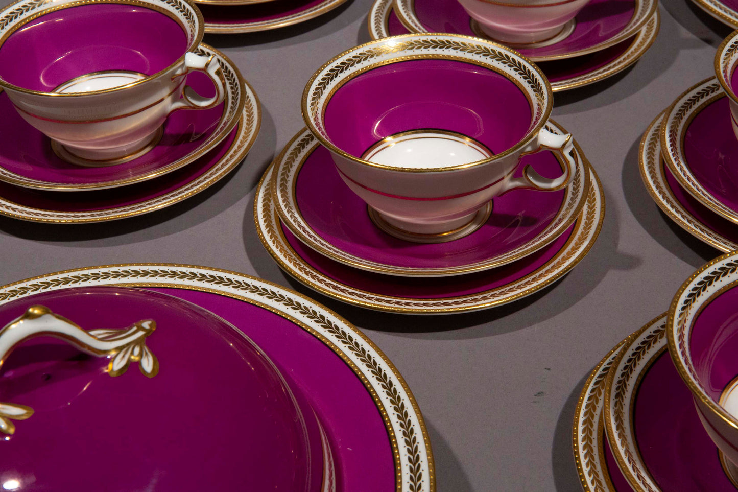 Antique Purple and Gold Porcelain Tea Set For Eight