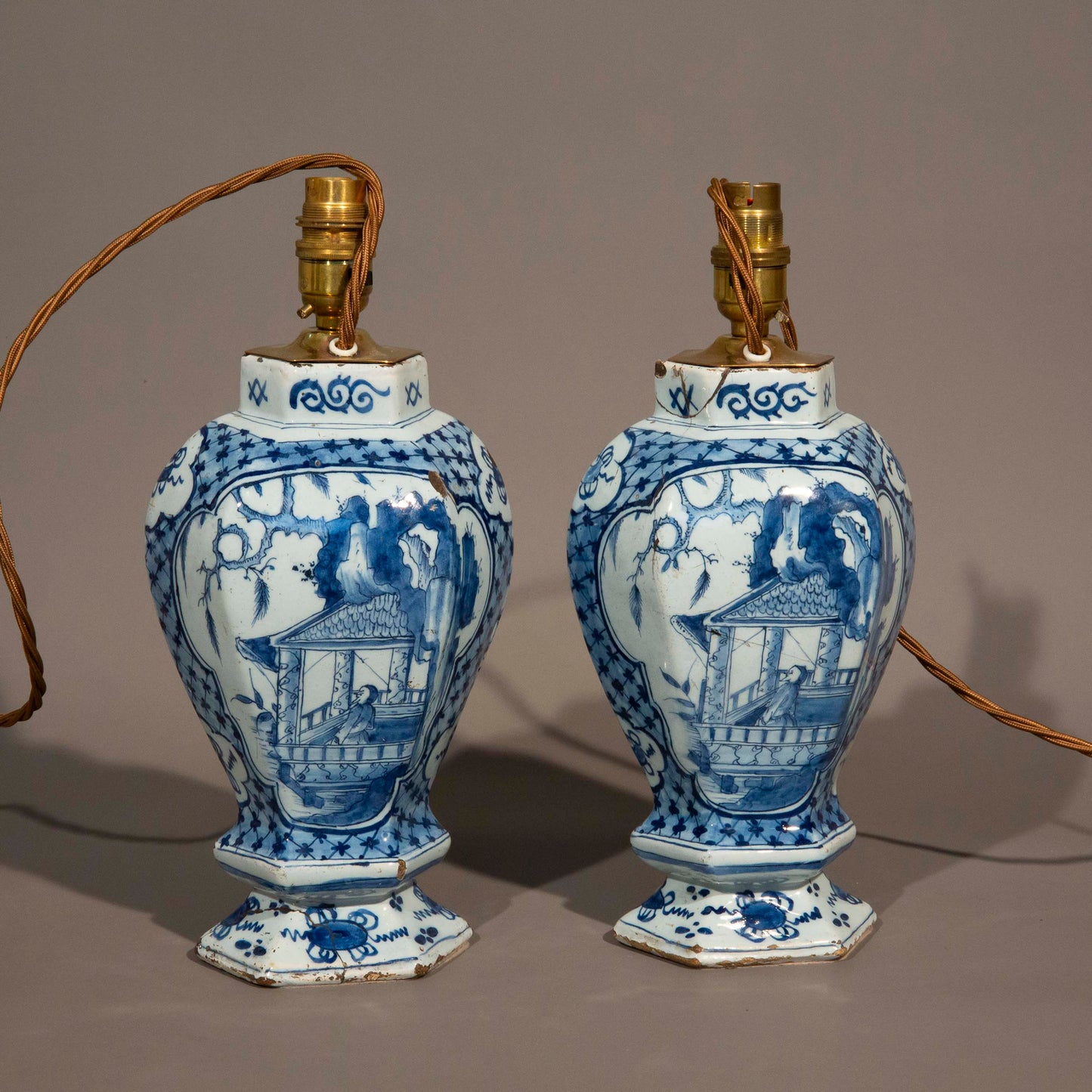 Pair of Dutch Delft Blue and White Chinoiserie Vase Lamps