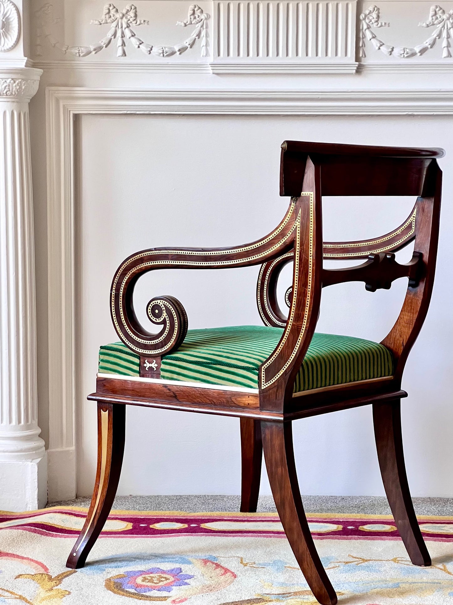 Large Regency Brass Inlaid Armchair, Attributed to George Oakley