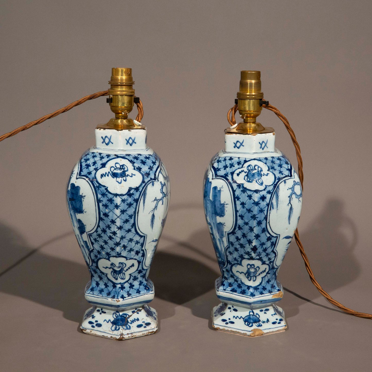 Pair of Dutch Delft Blue and White Chinoiserie Vase Lamps