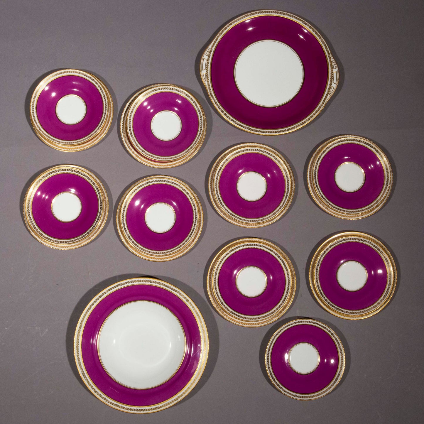 Antique Purple and Gold Porcelain Tea Set For Eight