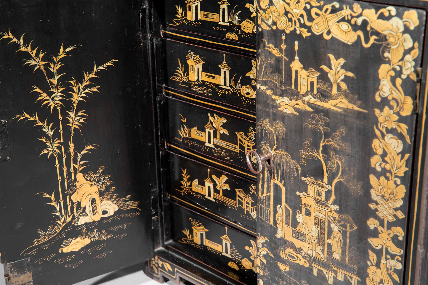 Antique Chinoiserie Black Lacquer Jewellery Cabinet