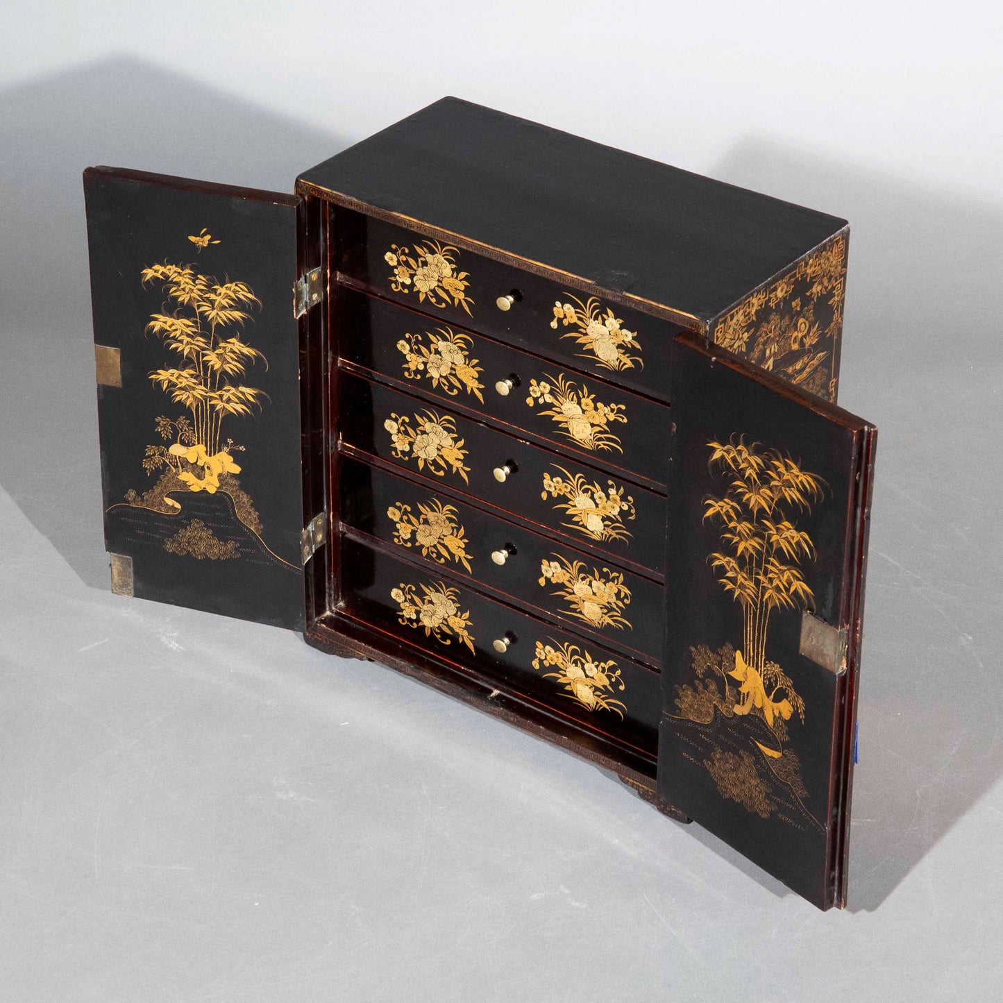Early 19th Century Chinoiserie Black Lacquer Miniature Cabinet