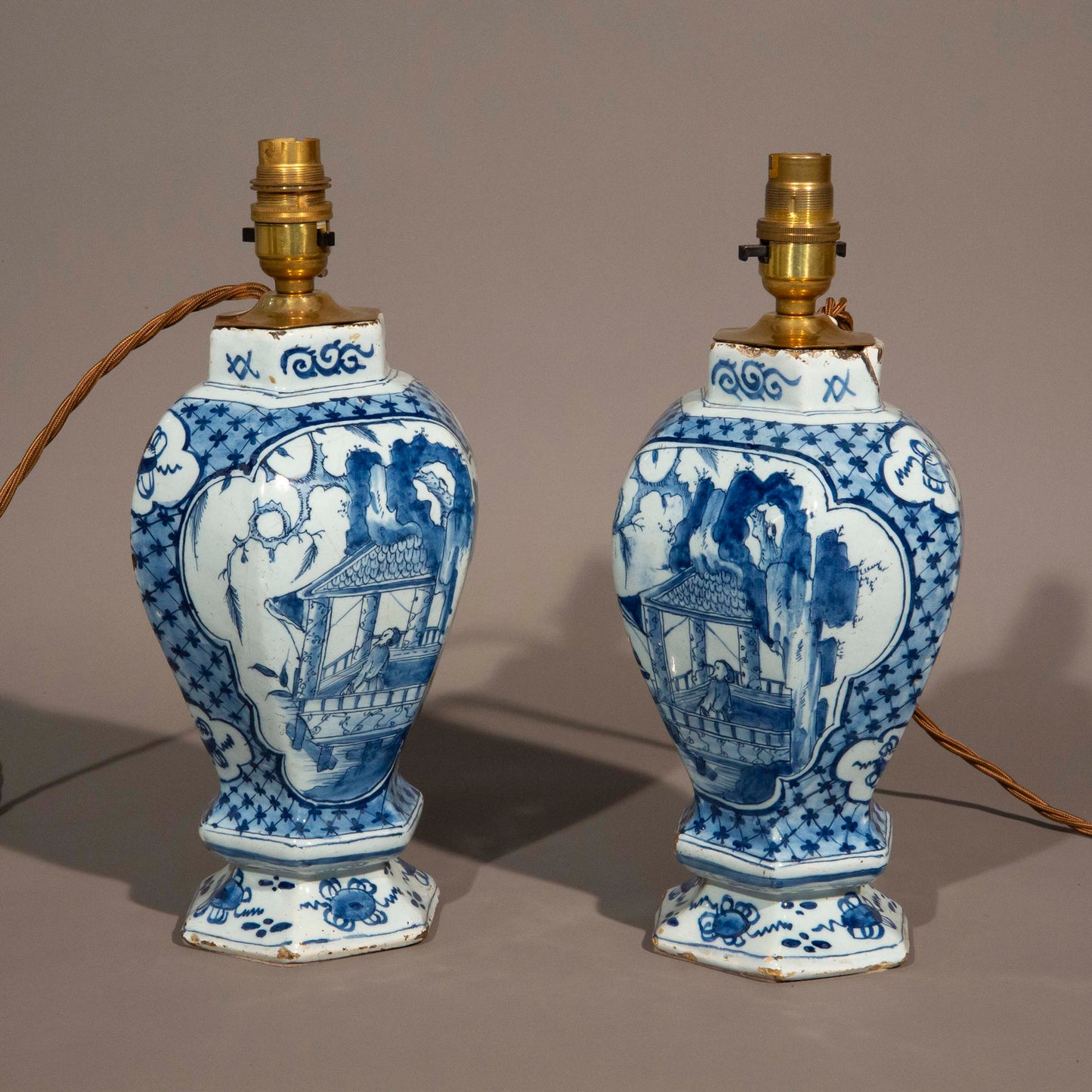 Pair of Dutch Delft Blue and White Chinoiserie Vase Lamps