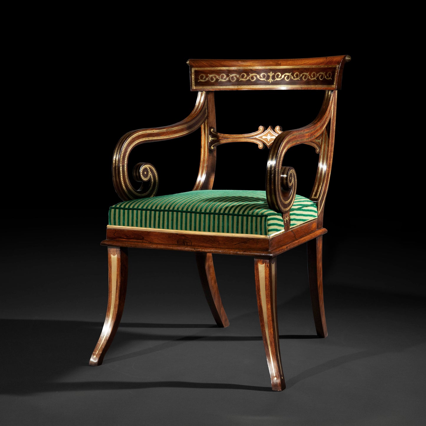 Large Regency Brass Inlaid Armchair, Attributed to George Oakley