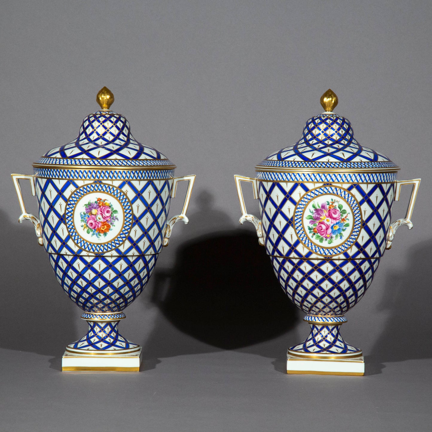Pair of Neoclassical Hand-Painted Porcelain Vases or Urns