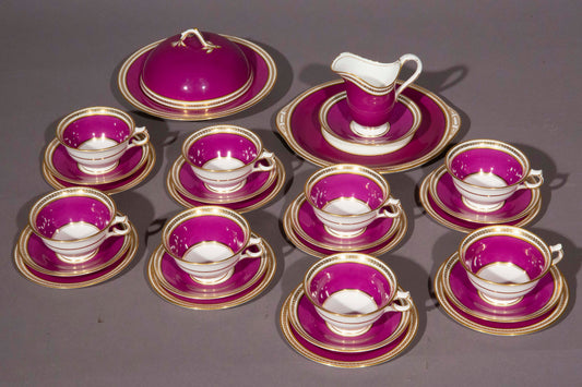 Antique Purple and Gold Porcelain Tea Set For Eight