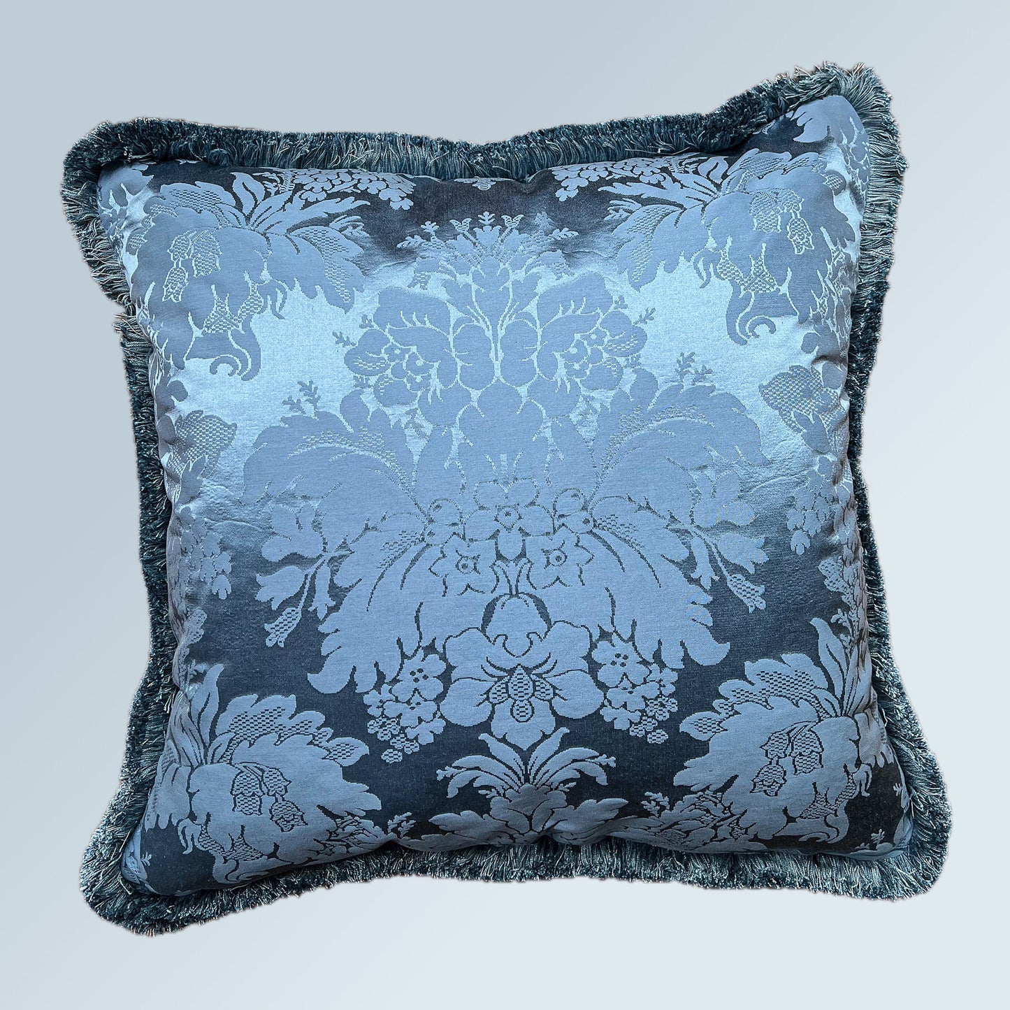 Fringed Blue Silk Damask Cushion