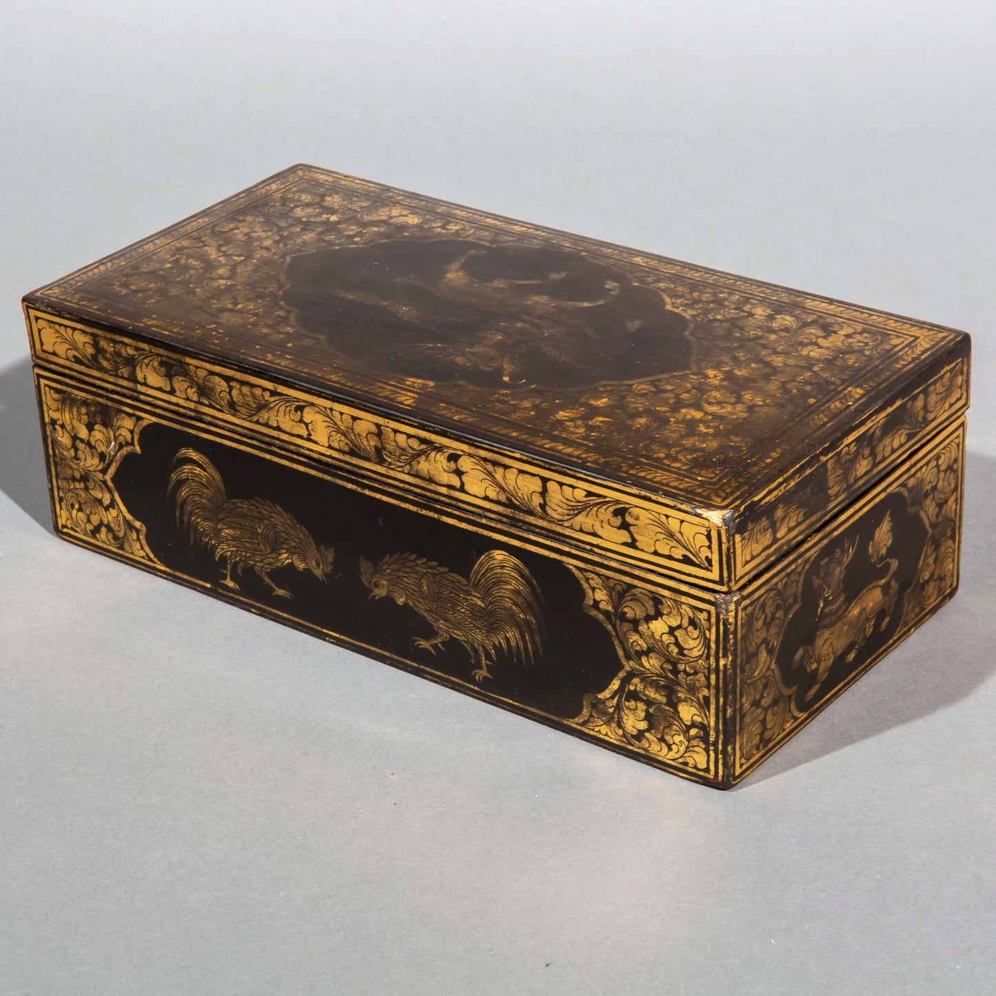 Unusual Chinese Export Lacquer Box Decorated with Cockerels