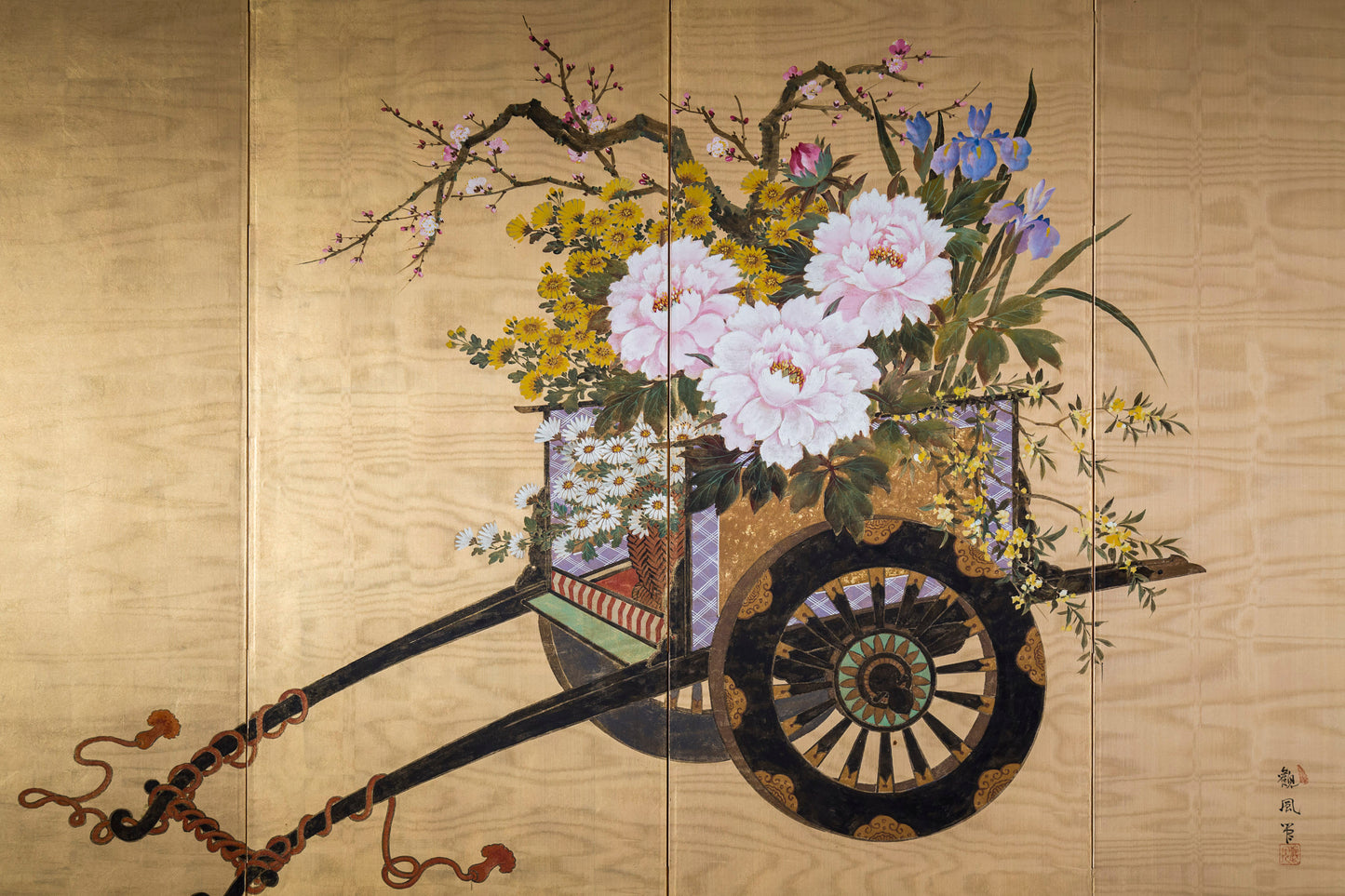 Fine Japanese Gilded and Painted Silk Screen
