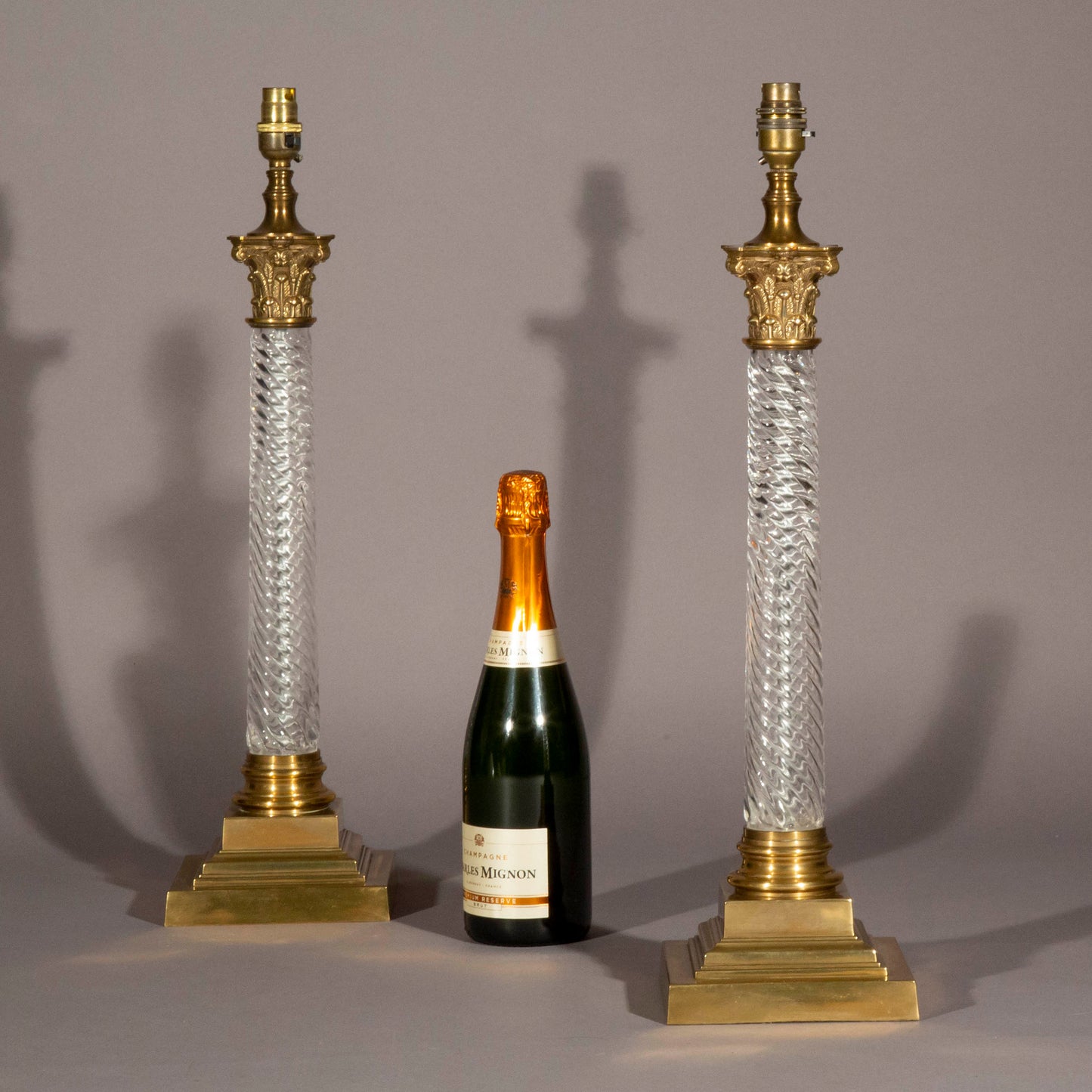 Pair of Glass and Brass Corinthian Column Table Lamps