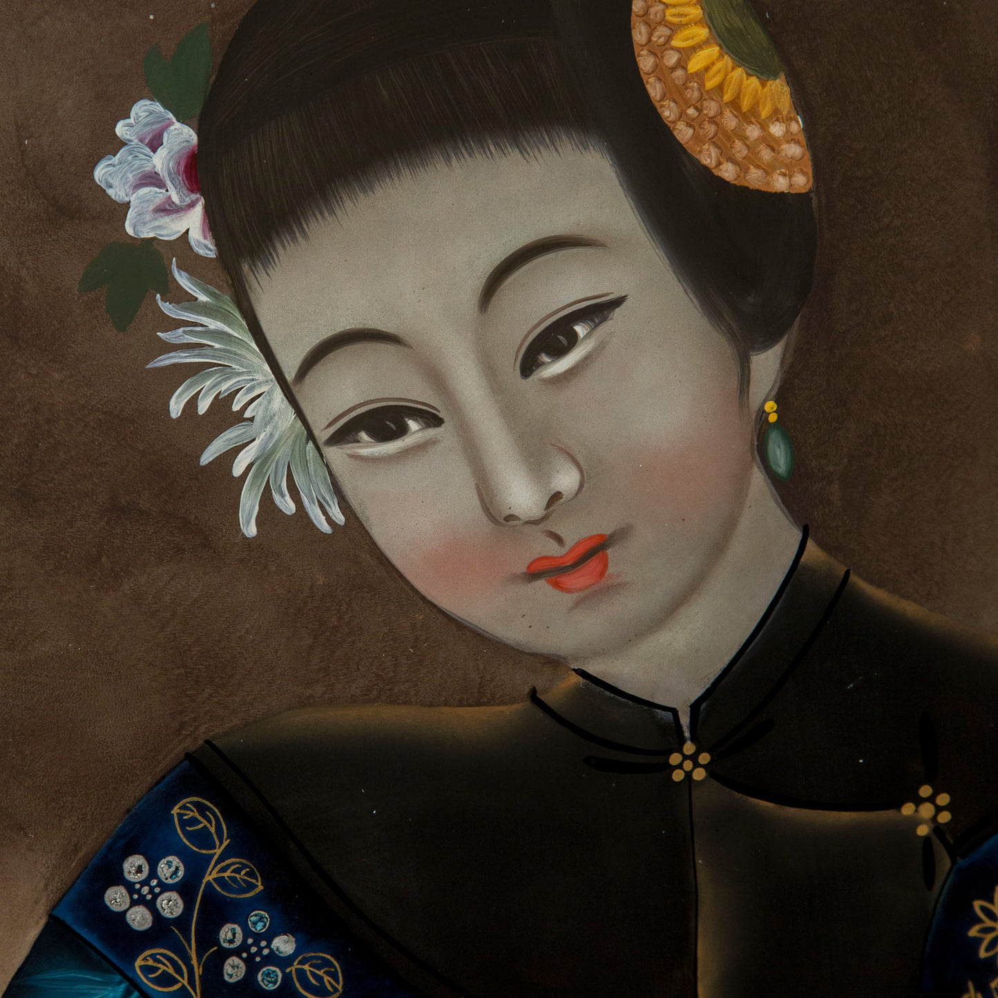 Pair of Antique Chinese Reverse Glass Portraits of Ladies with Dogs