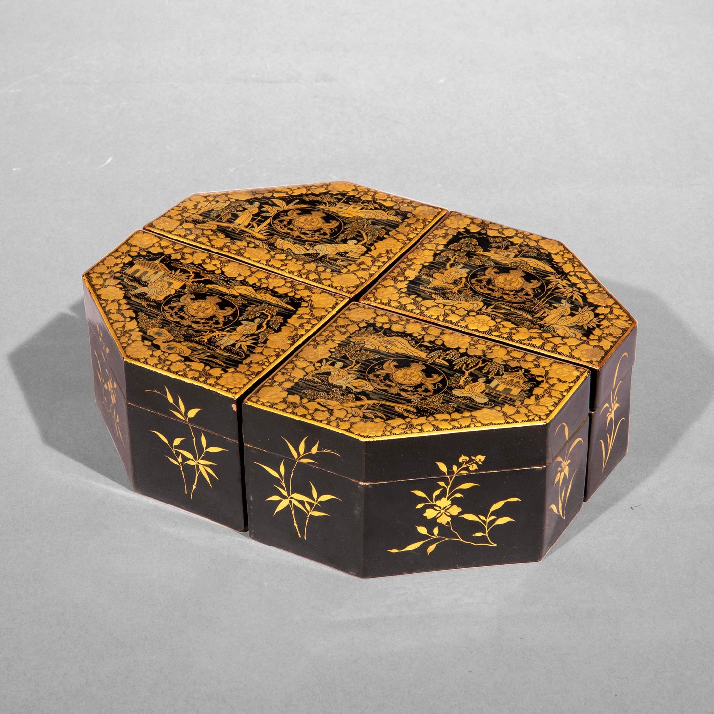 Set of Four Chinese Export Armorial Lacquer Boxes