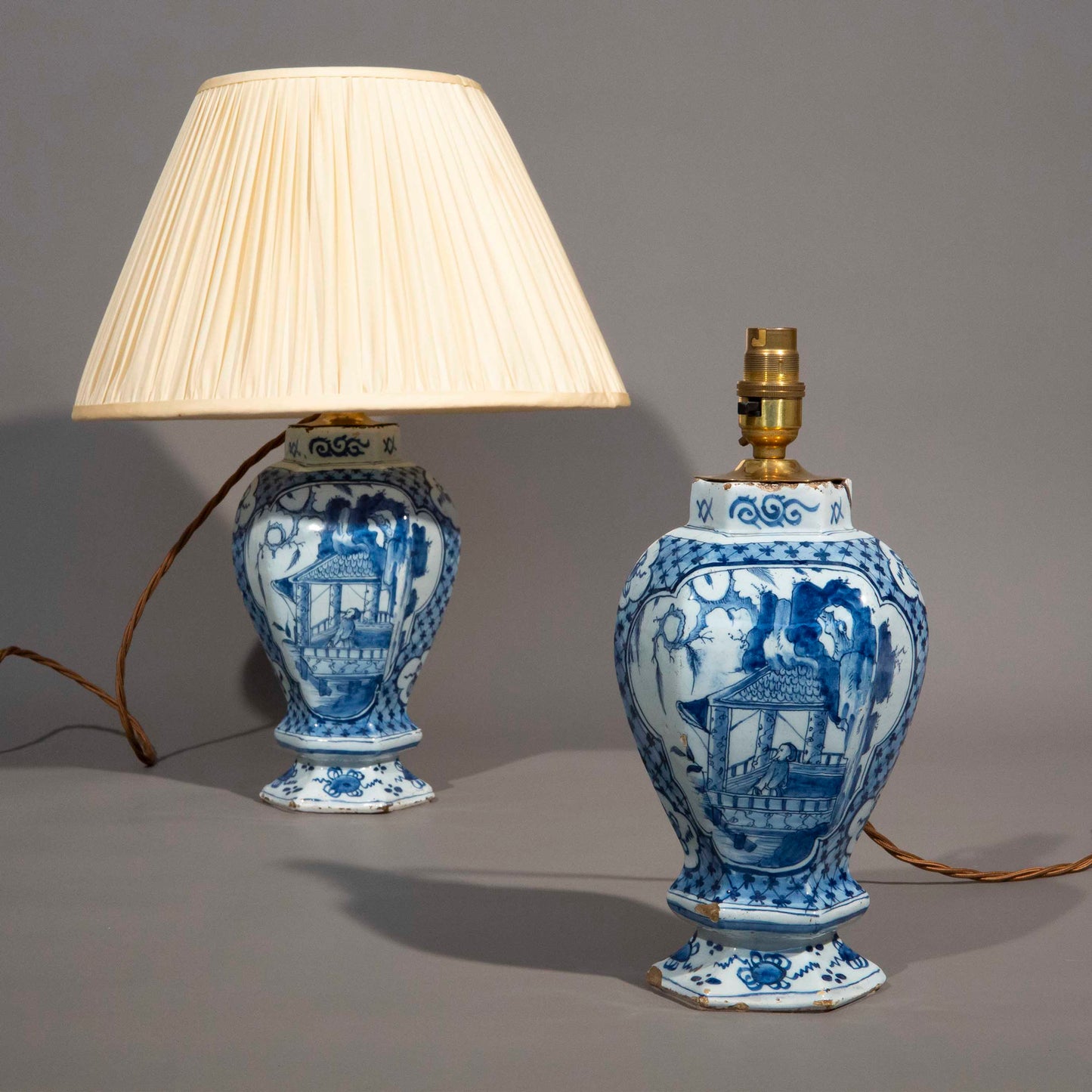 Pair of Dutch Delft Blue and White Chinoiserie Vase Lamps