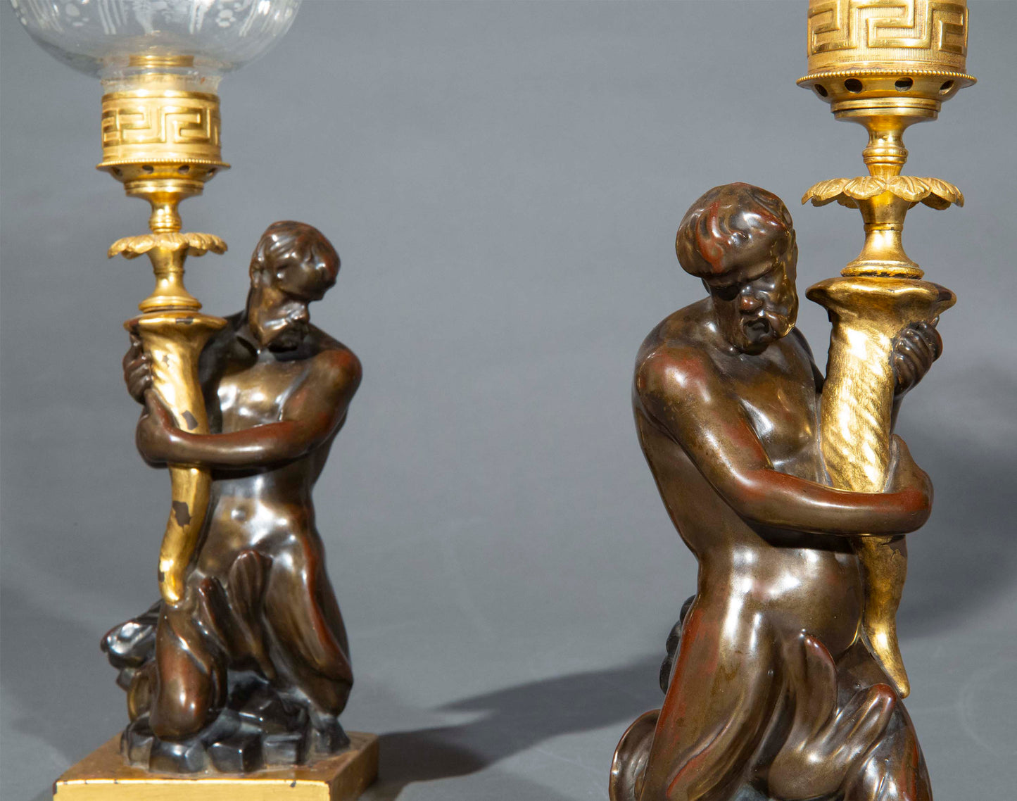 Pair of Early 19th Century Triton Candlesticks Storm Lanterns by Wood & Caldwell