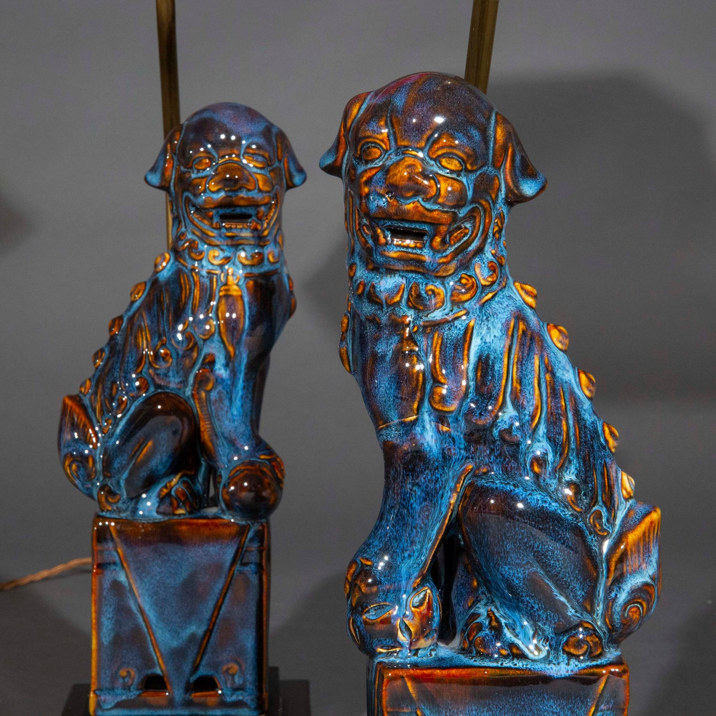Pair of Chinese Flambe Glazed Foo Dog Table Lamps