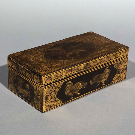 Unusual Chinese Export Lacquer Box Decorated with Cockerels