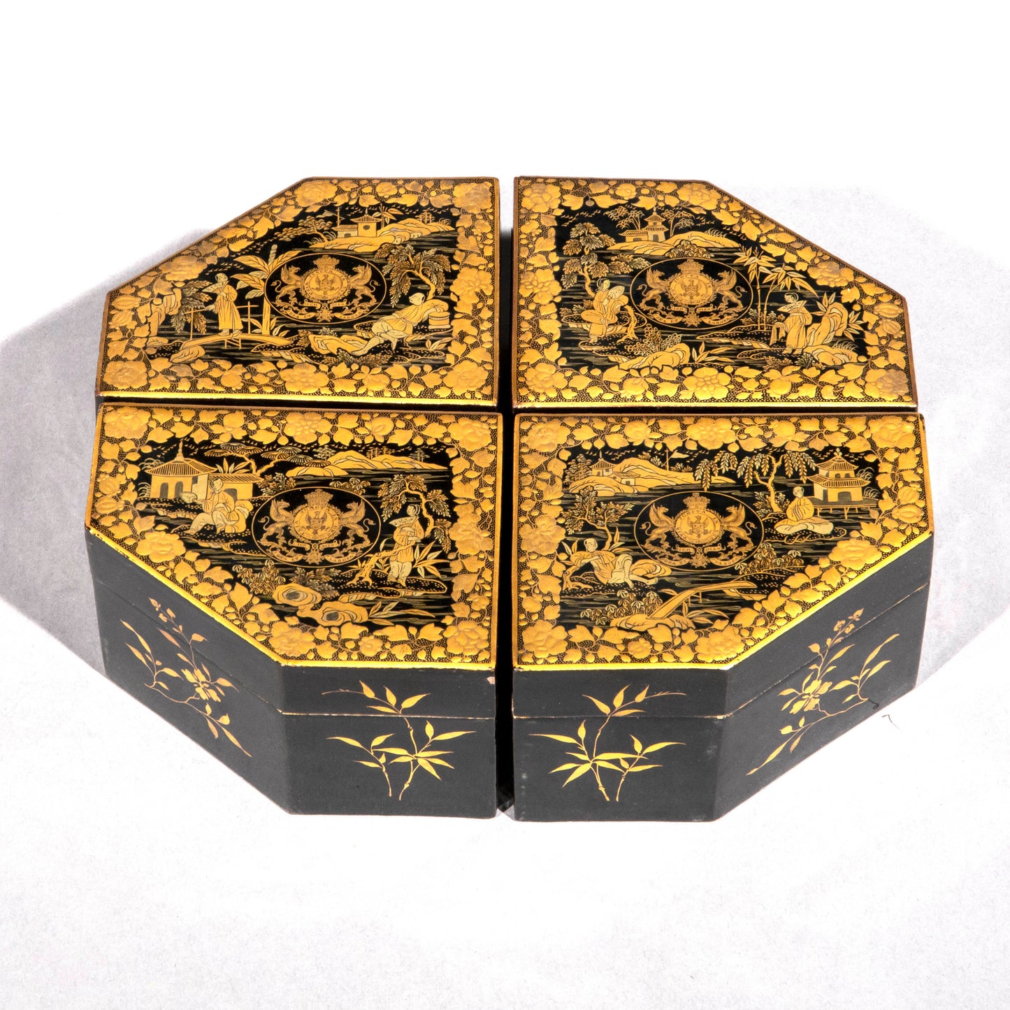 Set of Four Chinese Export Armorial Lacquer Boxes