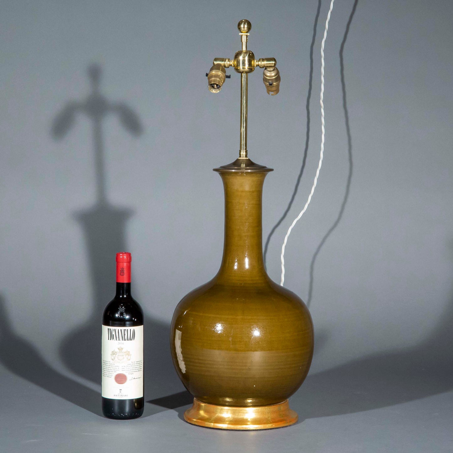 Christopher Spitzmiller Vase Lamp, Large Single Gourd, Olive Glazed