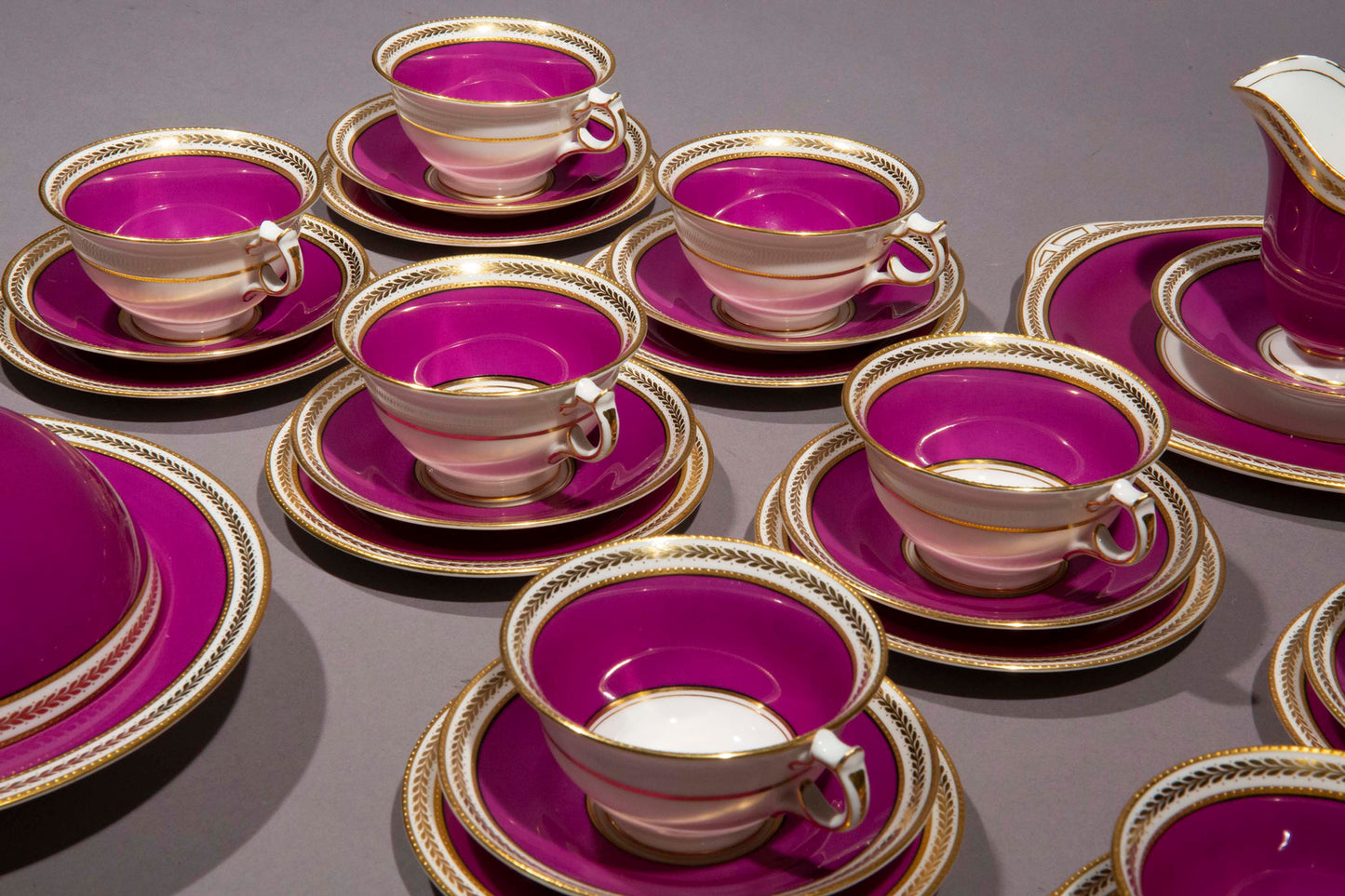 Antique Purple and Gold Porcelain Tea Set For Eight