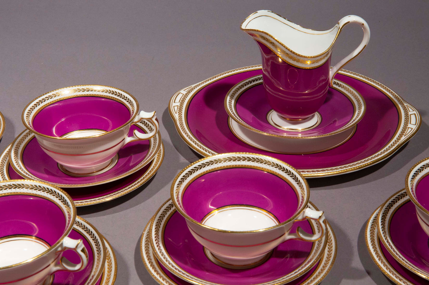 Antique Purple and Gold Porcelain Tea Set For Eight