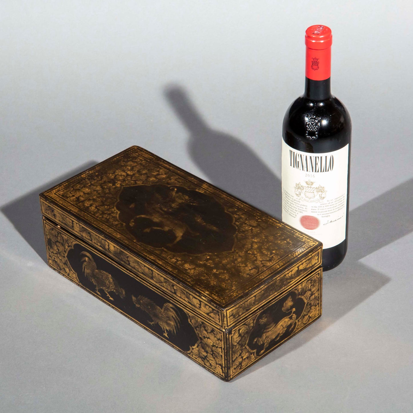 Unusual Chinese Export Lacquer Box Decorated with Cockerels