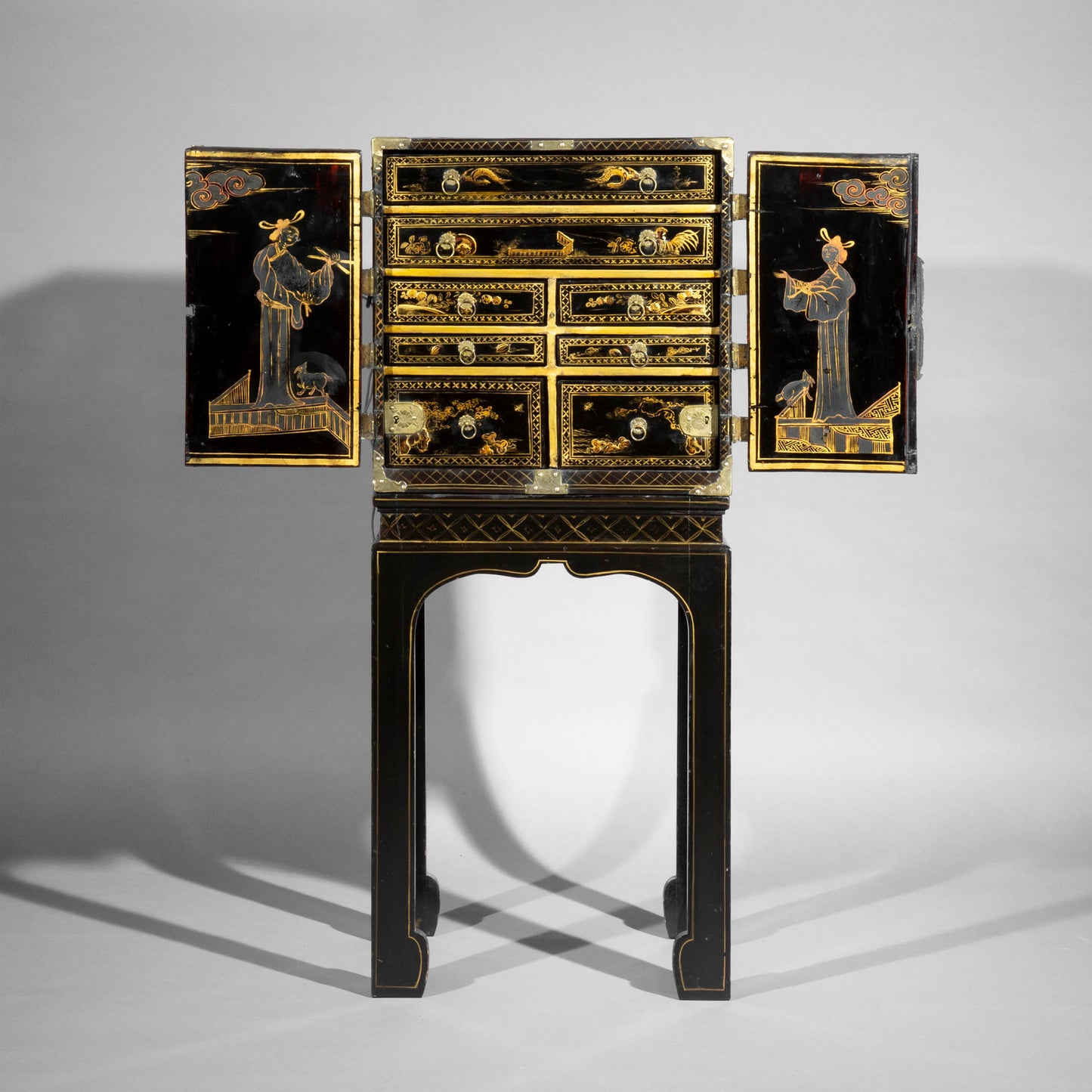 Antique Chinoiserie Black Lacquer Cabinet on Stand, 19th Century
