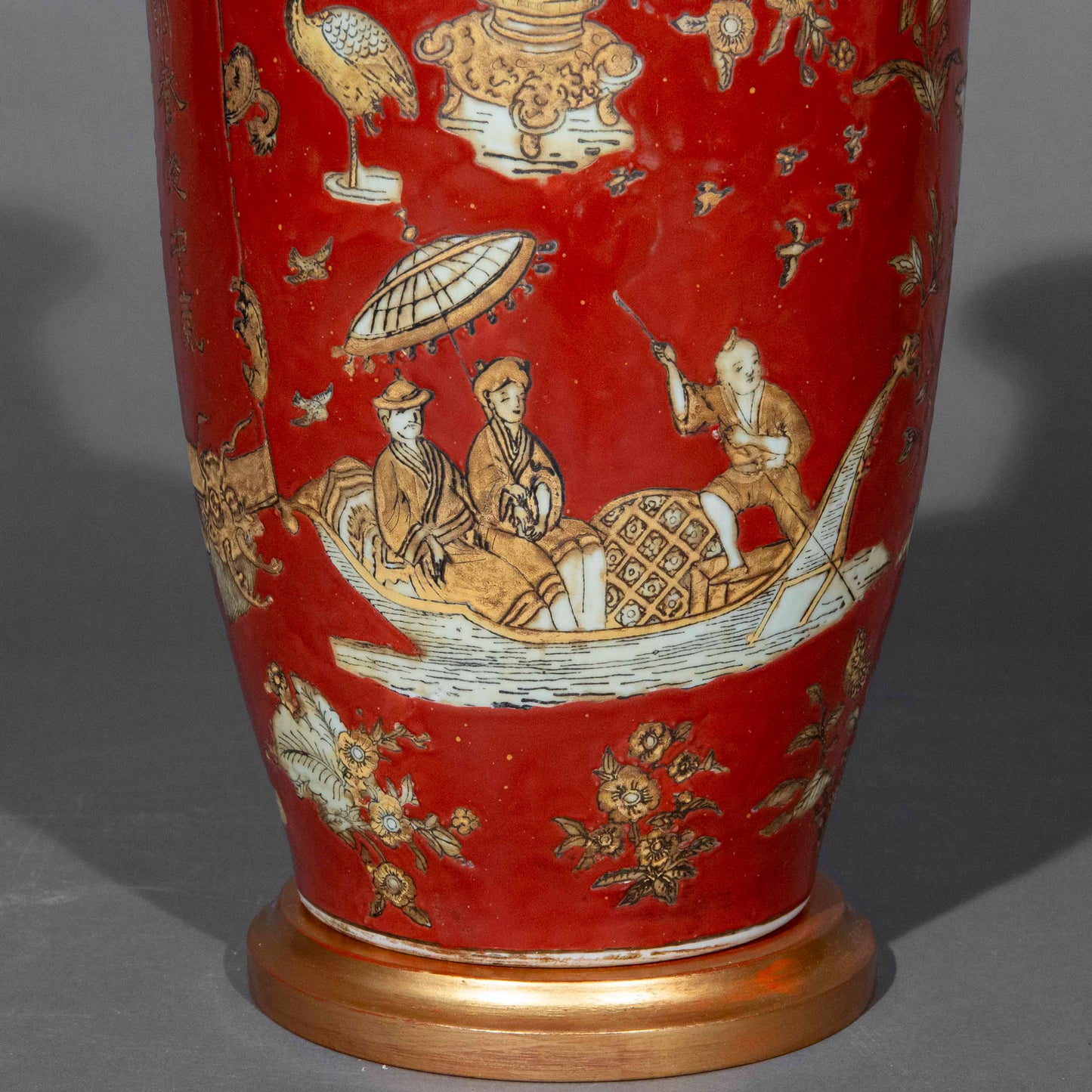 Antique Coral Red Chinoiserie Vase Lamp