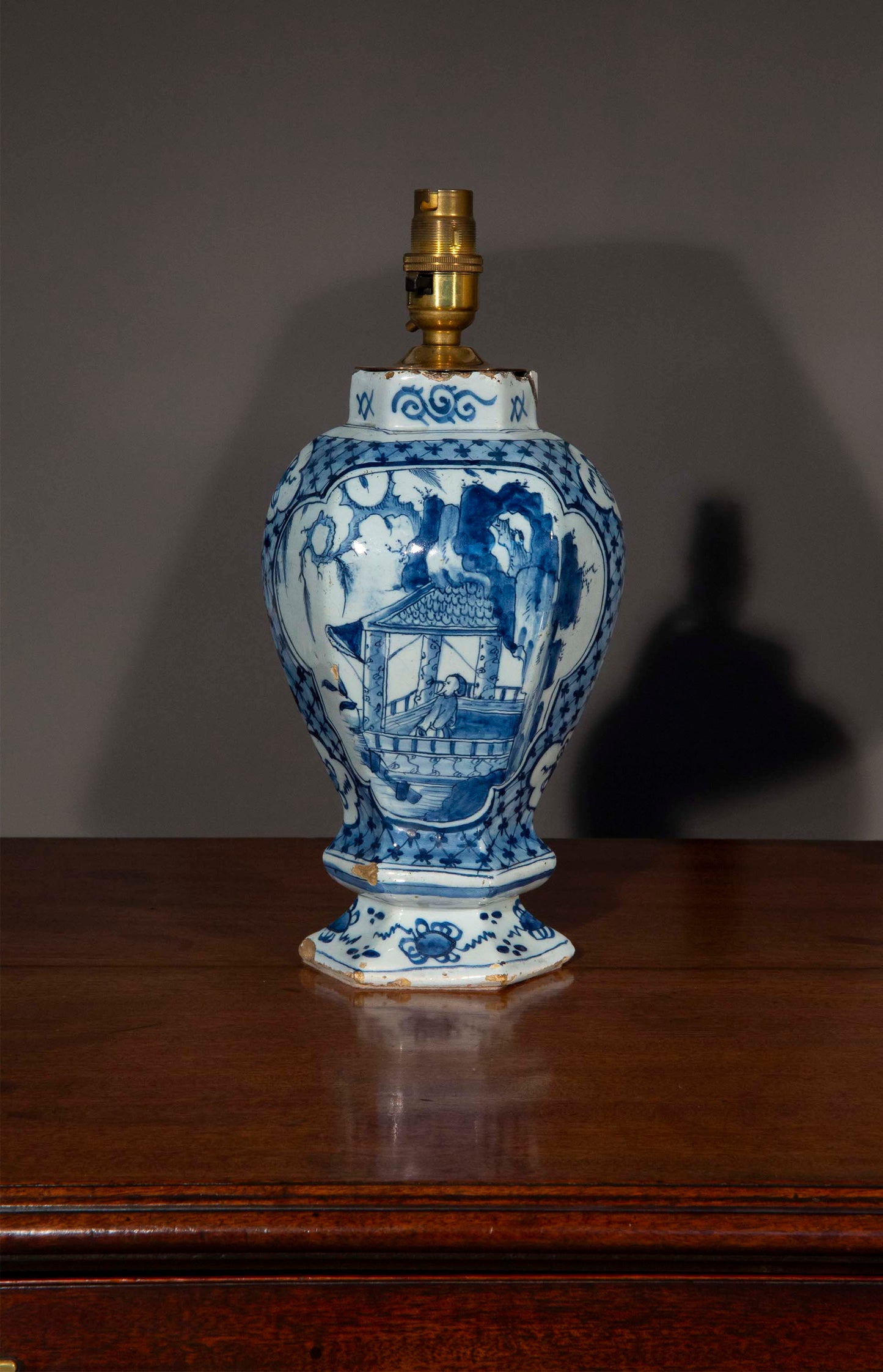 Pair of Dutch Delft Blue and White Chinoiserie Vase Lamps