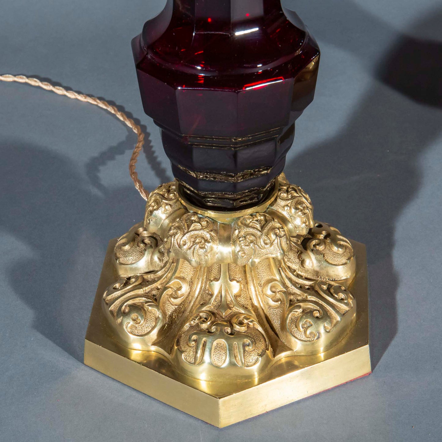 Large Pair of Ruby Glass and Brass Lamps