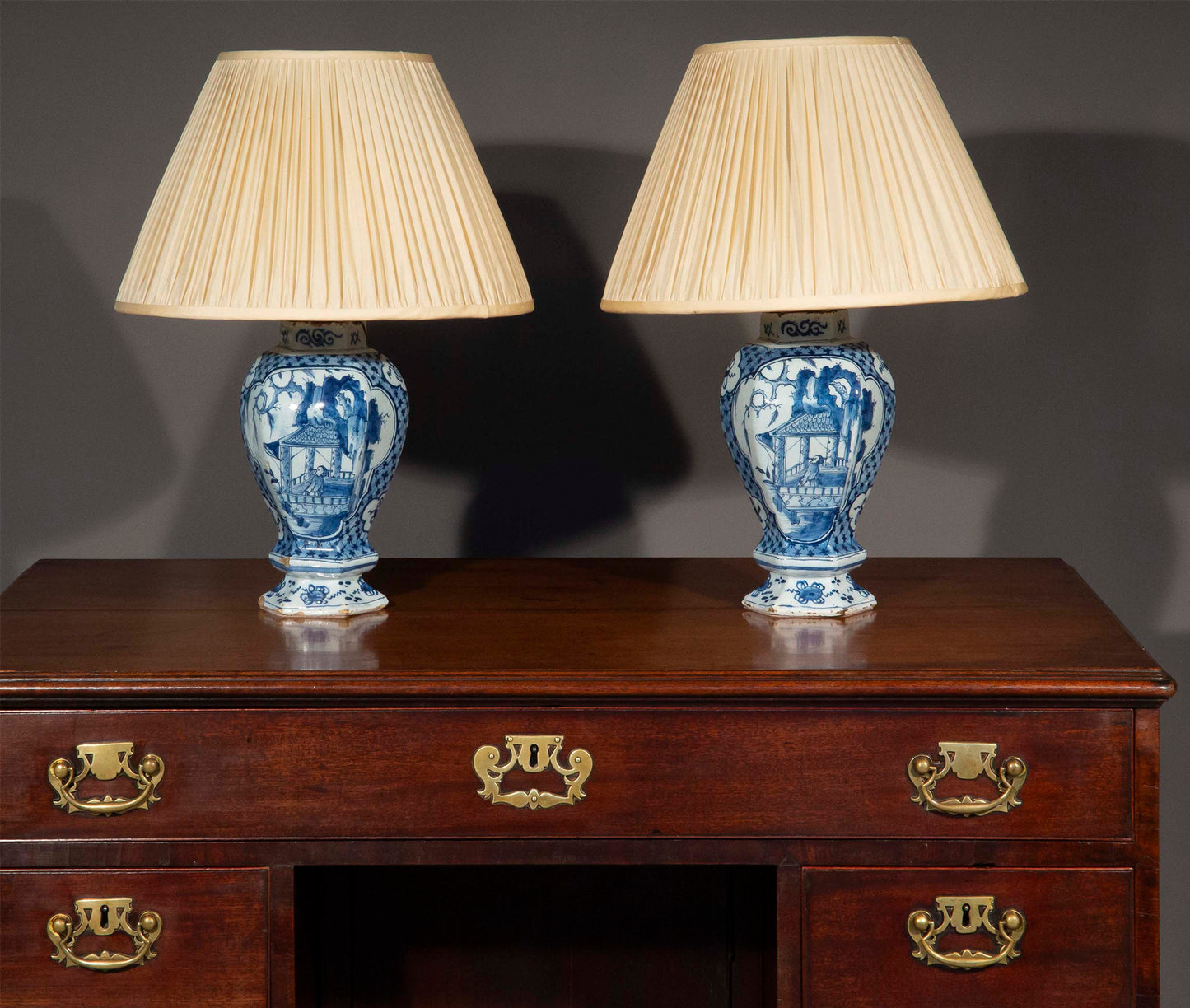 Pair of Dutch Delft Blue and White Chinoiserie Vase Lamps