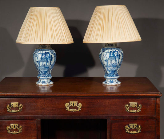 Pair of Dutch Delft Blue and White Chinoiserie Vase Lamps