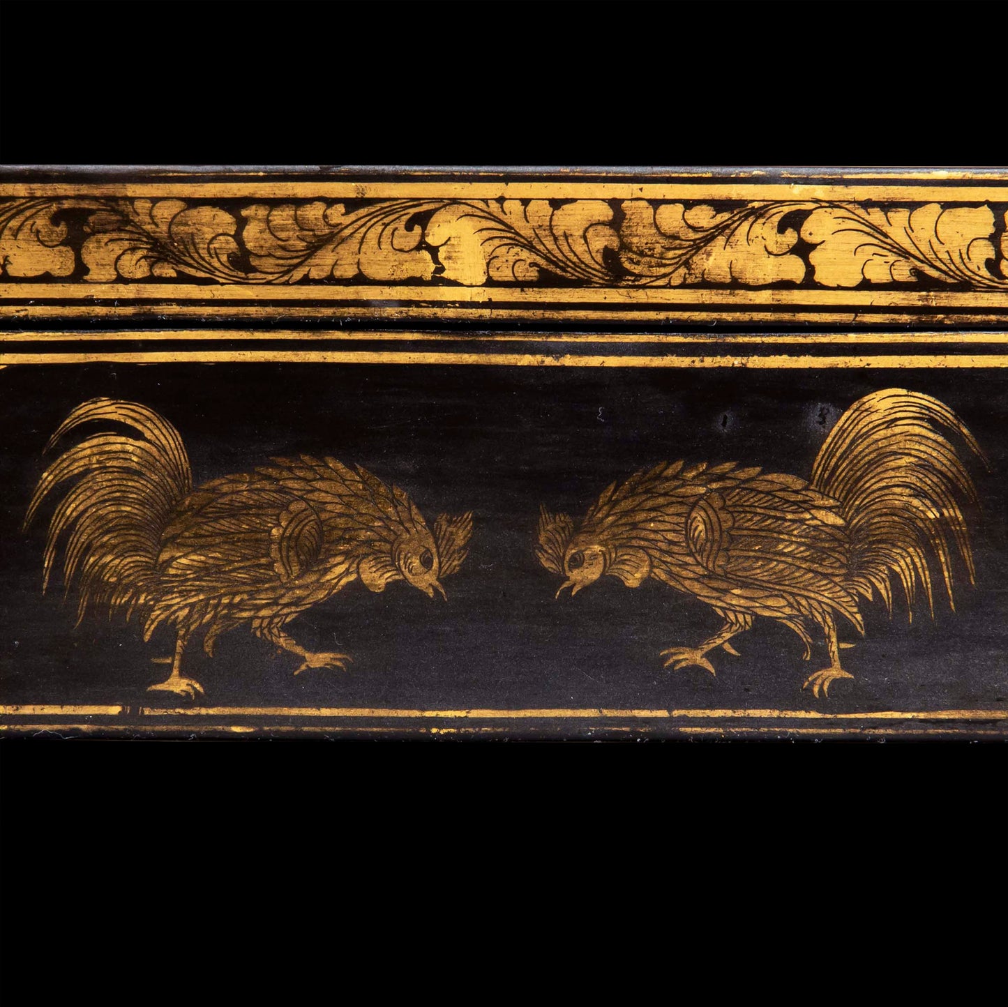 Unusual Chinese Export Lacquer Box Decorated with Cockerels