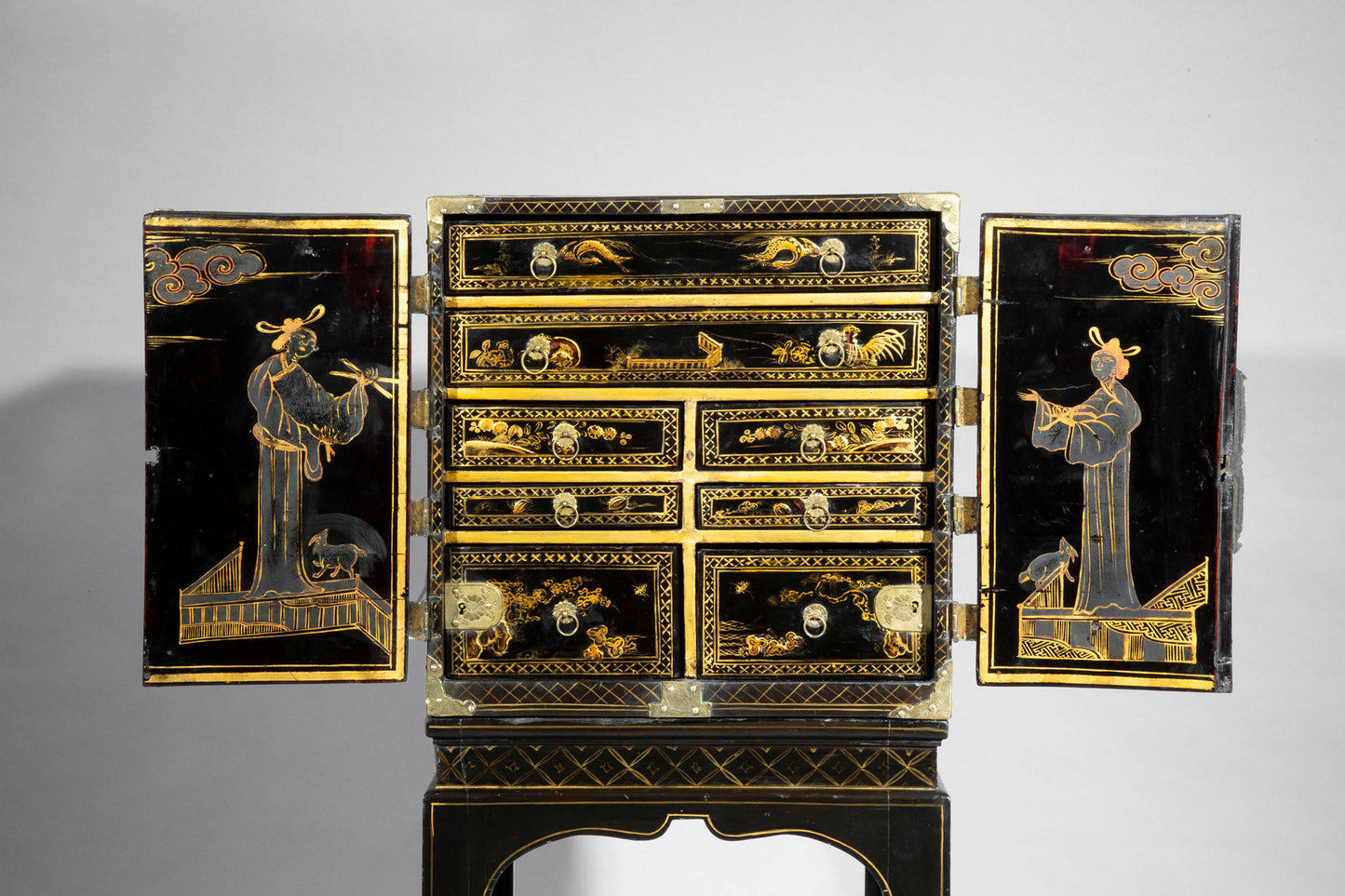 Antique Chinoiserie Black Lacquer Cabinet on Stand, 19th Century