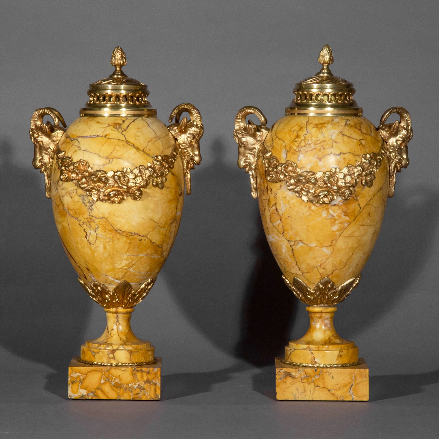 Pair of Antique Neoclassical Siena Marble Urns