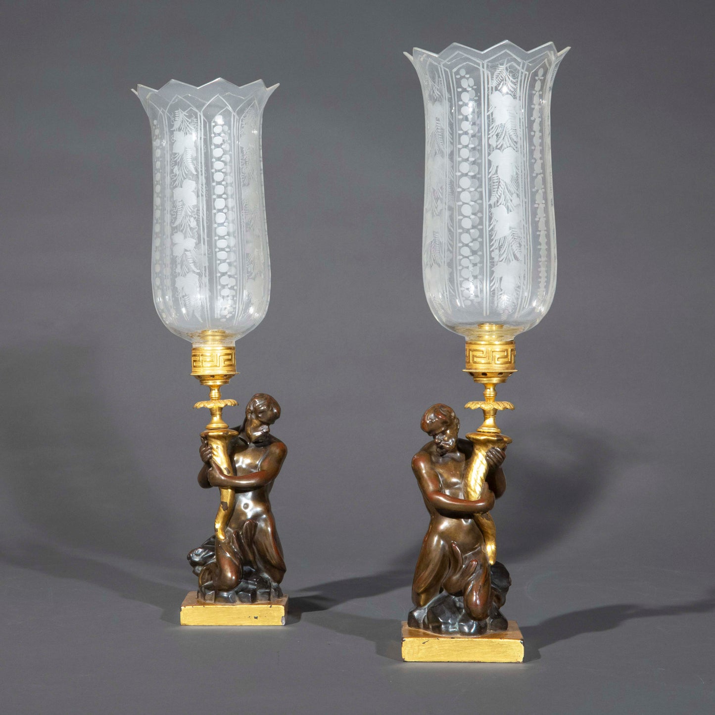 Pair of Early 19th Century Triton Candlesticks Storm Lanterns by Wood & Caldwell