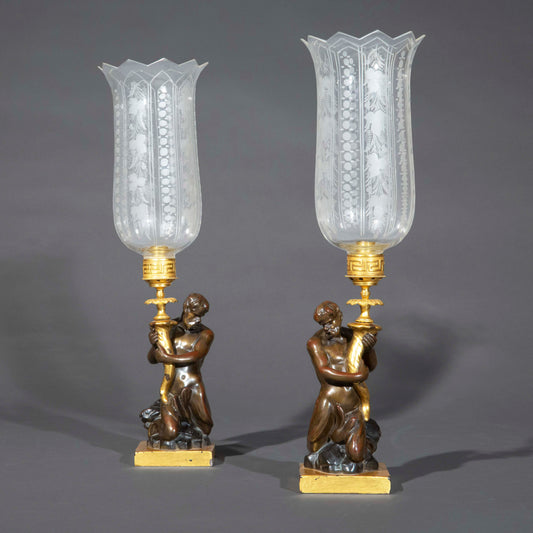 Pair of Early 19th Century Triton Candlesticks Storm Lanterns by Wood & Caldwell