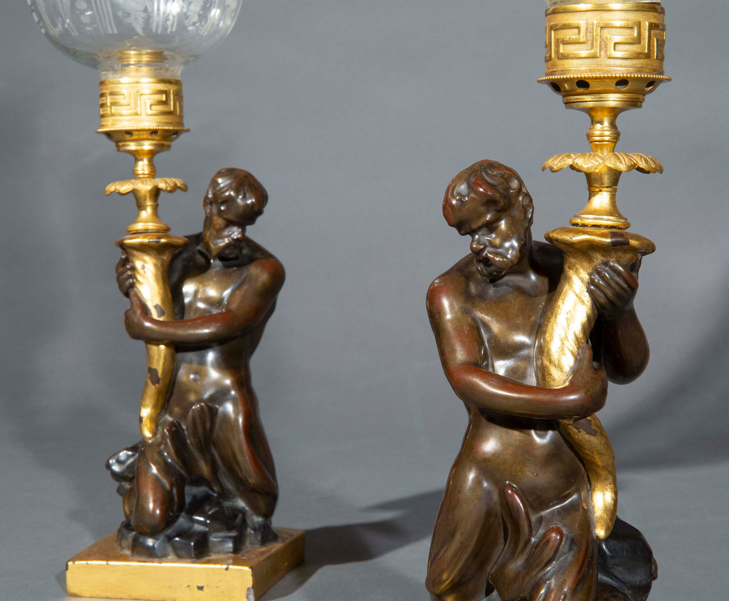 Pair of Early 19th Century Triton Candlesticks Storm Lanterns by Wood & Caldwell