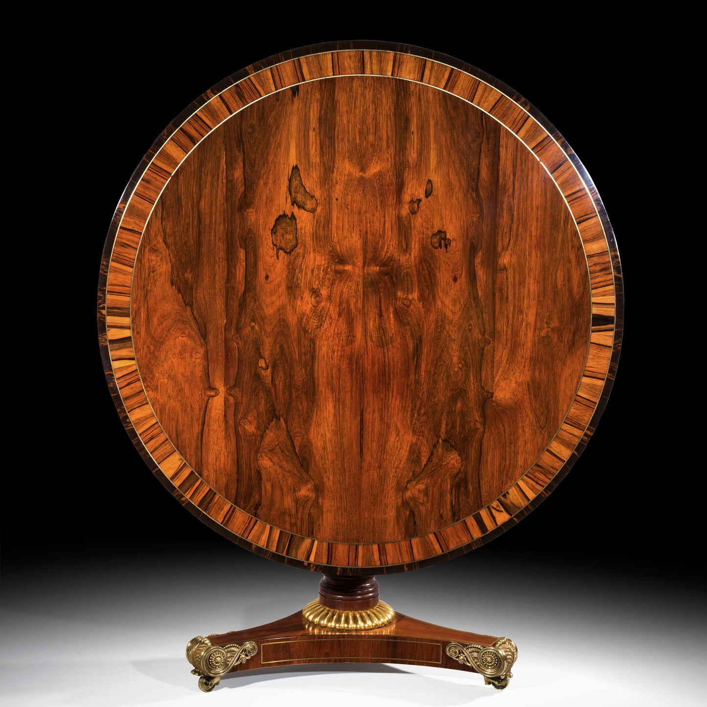 Fine Regency Rosewood, Calamander and Ebony, Brass Inlaid and Gilt Table