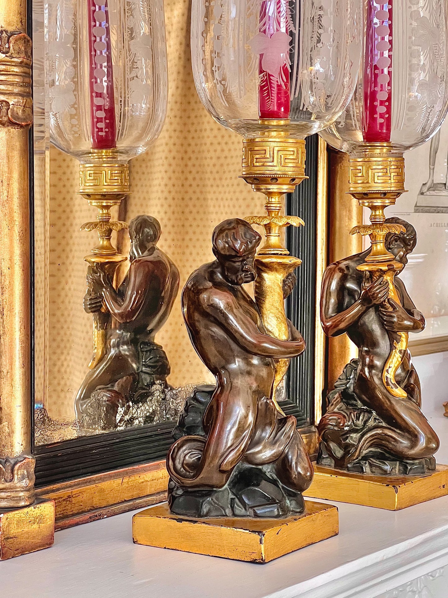 Pair of Early 19th Century Triton Candlesticks Storm Lanterns by Wood & Caldwell