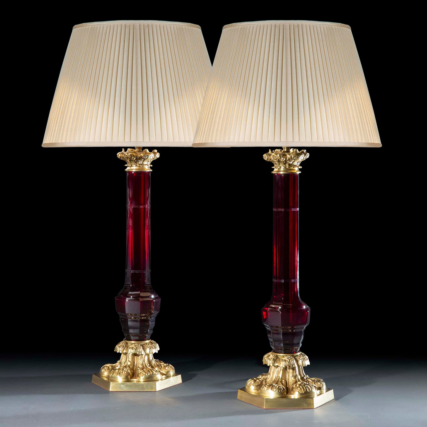 Large Pair of Ruby Glass and Brass Lamps