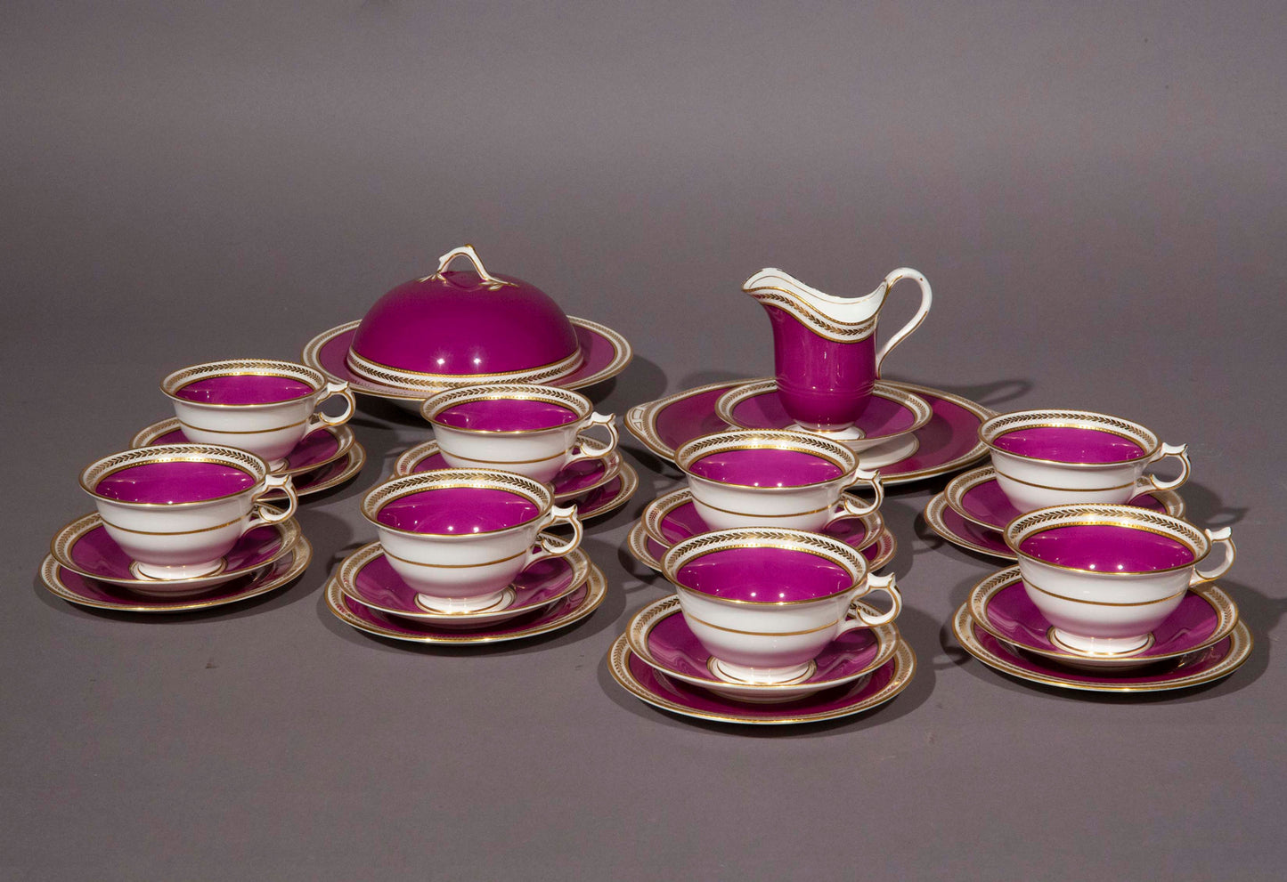 Antique Purple and Gold Porcelain Tea Set For Eight