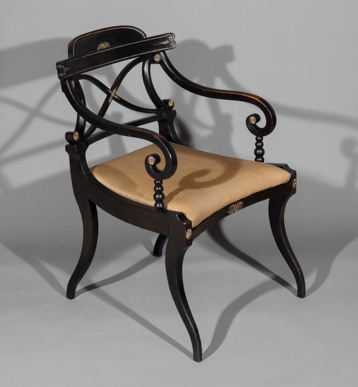 Early 19th Century Pair of Black Painted Klismos Armchairs