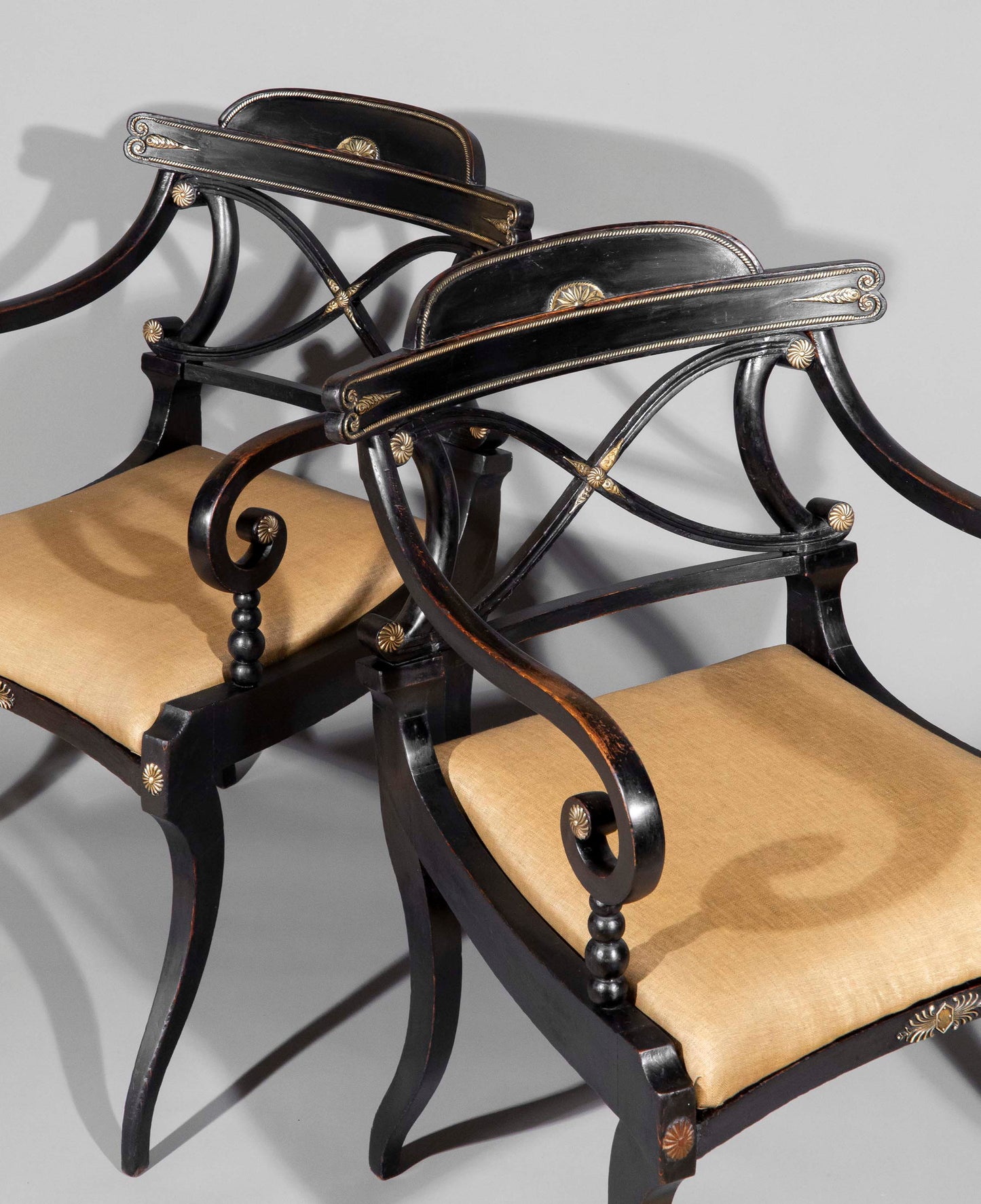 Early 19th Century Pair of Black Painted Klismos Armchairs