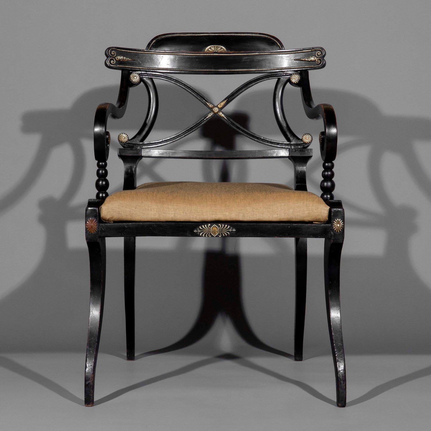 Early 19th Century Pair of Black Painted Klismos Armchairs