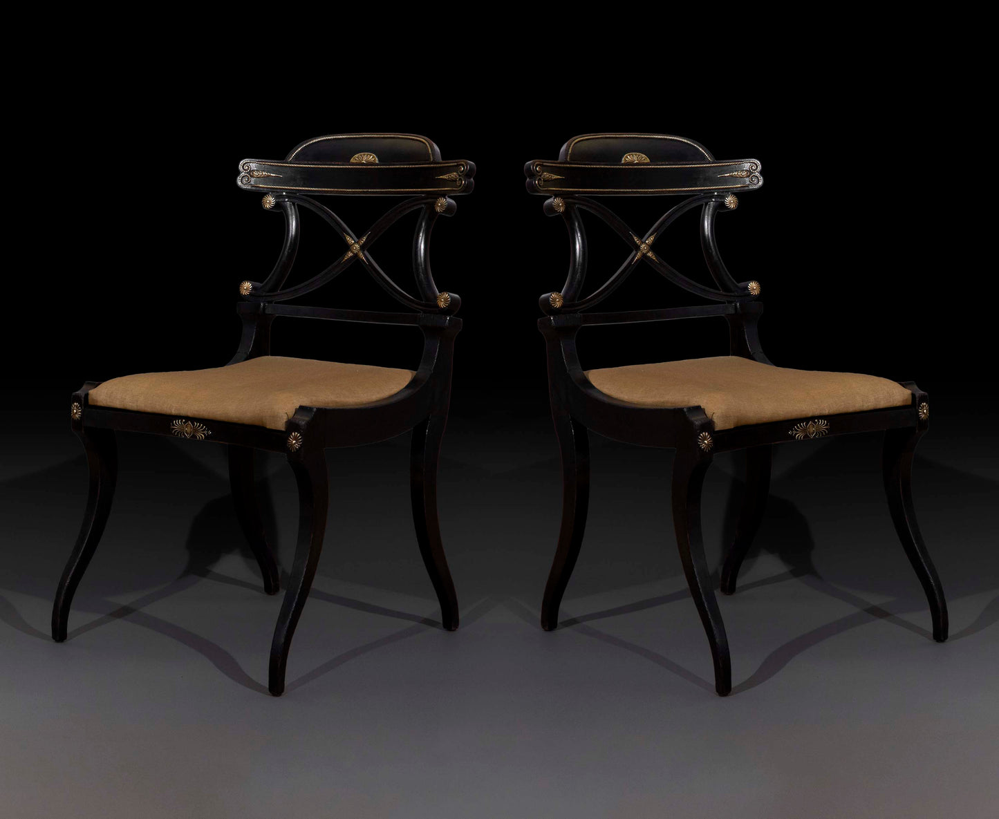 Early 19th Century Pair of Regency Black Painted Klismos Chairs