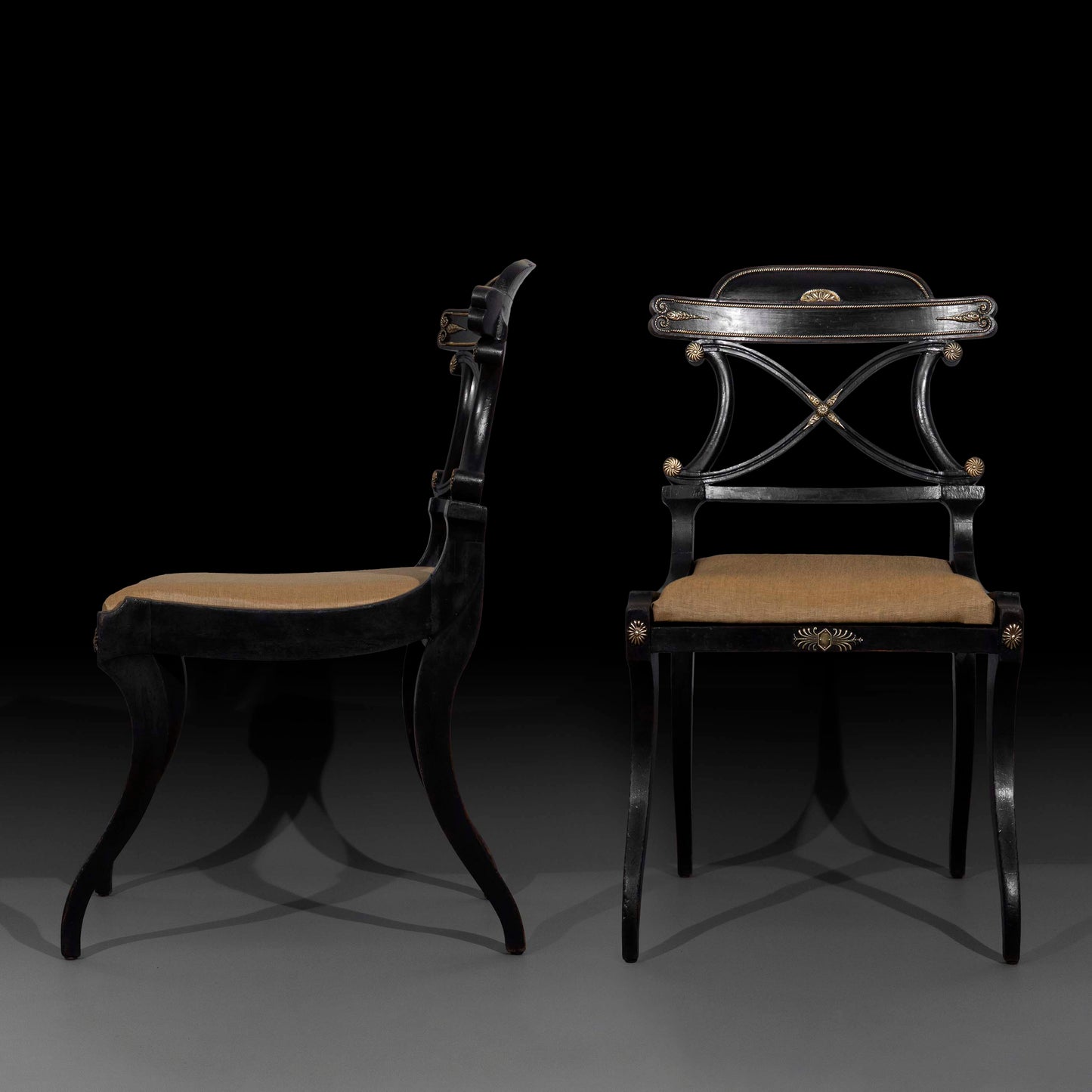 Early 19th Century Pair of Regency Black Painted Klismos Chairs